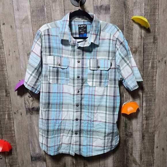 Kavu Blue Plaid Button Down SS Shirt - Picture 1 of 4